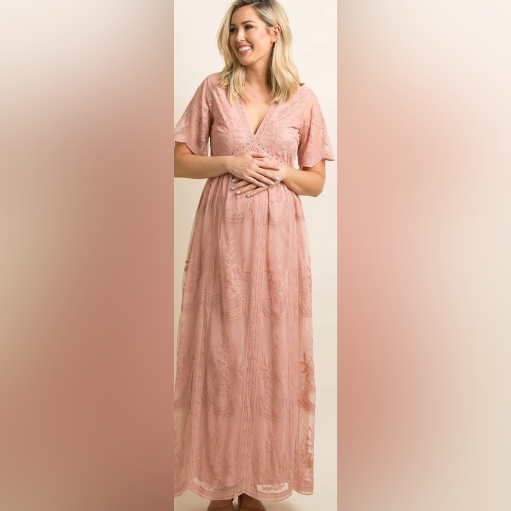 PinkBlush Light Pink Lace Mesh Overlay Maternity Maxi Dress